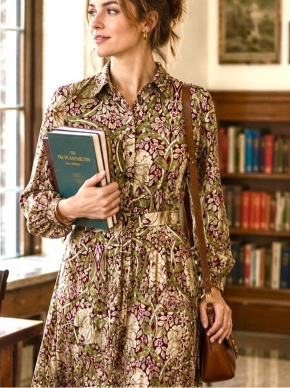 William Morris  Floral Vine Midi Shirt Dress in Green and Burgundy Size 12